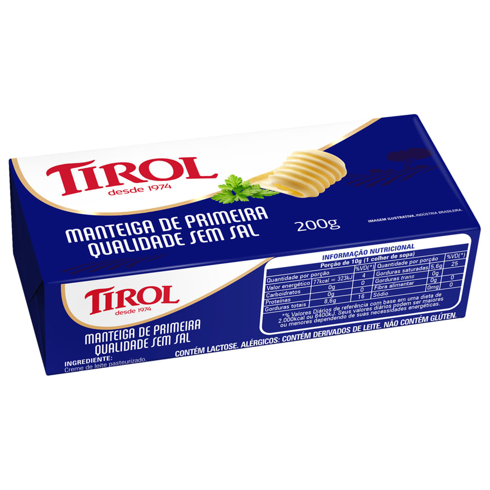 Manteiga Tirol Primeira Qualidade sem Sal Tablete 200g