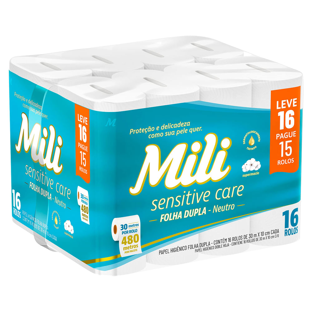 Papel Higiênico Mili Folha Dupla Neutro 30M Leve 16 Pague 15 Rolos