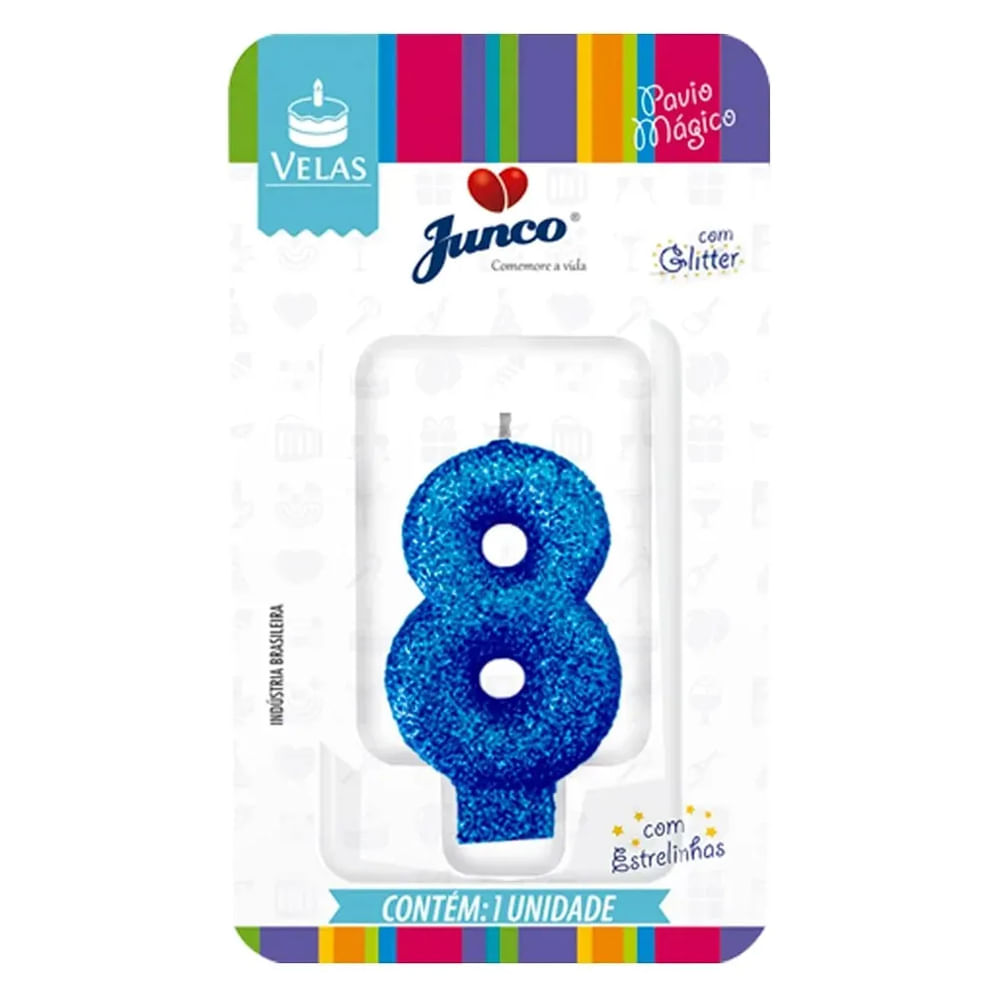 Encontraproduto.com.br - Vela de Aniversário Junco Live Colors Glitter Azul N°8