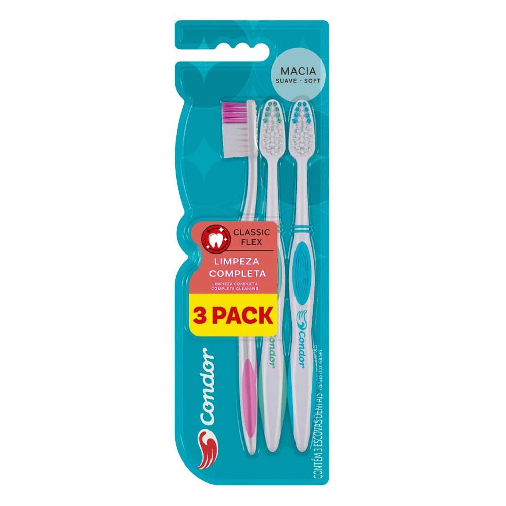 Escova Dental Condor Limpeza Completa Macia Com 3 Unidades
