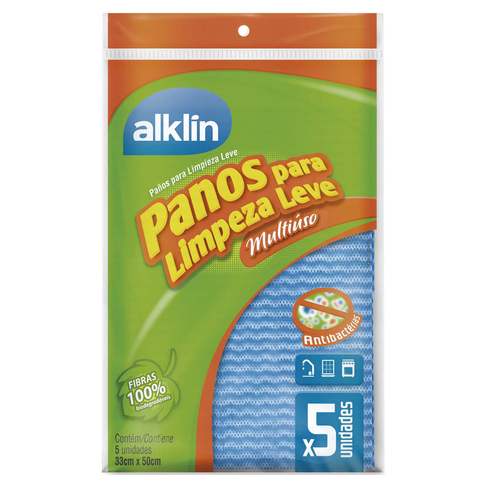 Pano Multiuso Alklin Limpeza Leve Azul 33cmX50cm Com 5 Unidades