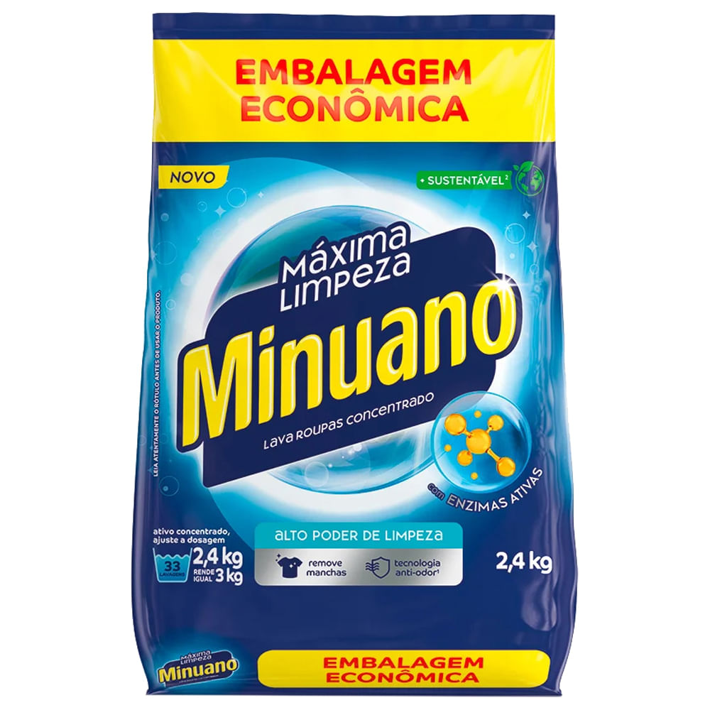 Detergente em Pó Minuano Máxima Limpeza Pacote 2,4kg