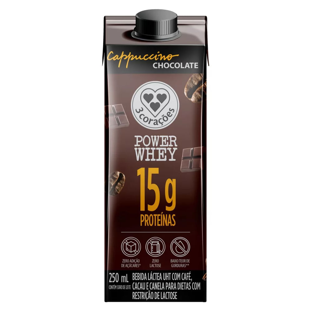 Bebida Láctea 3 Corações Power Whey Cappuccino com Chocolate 250ml