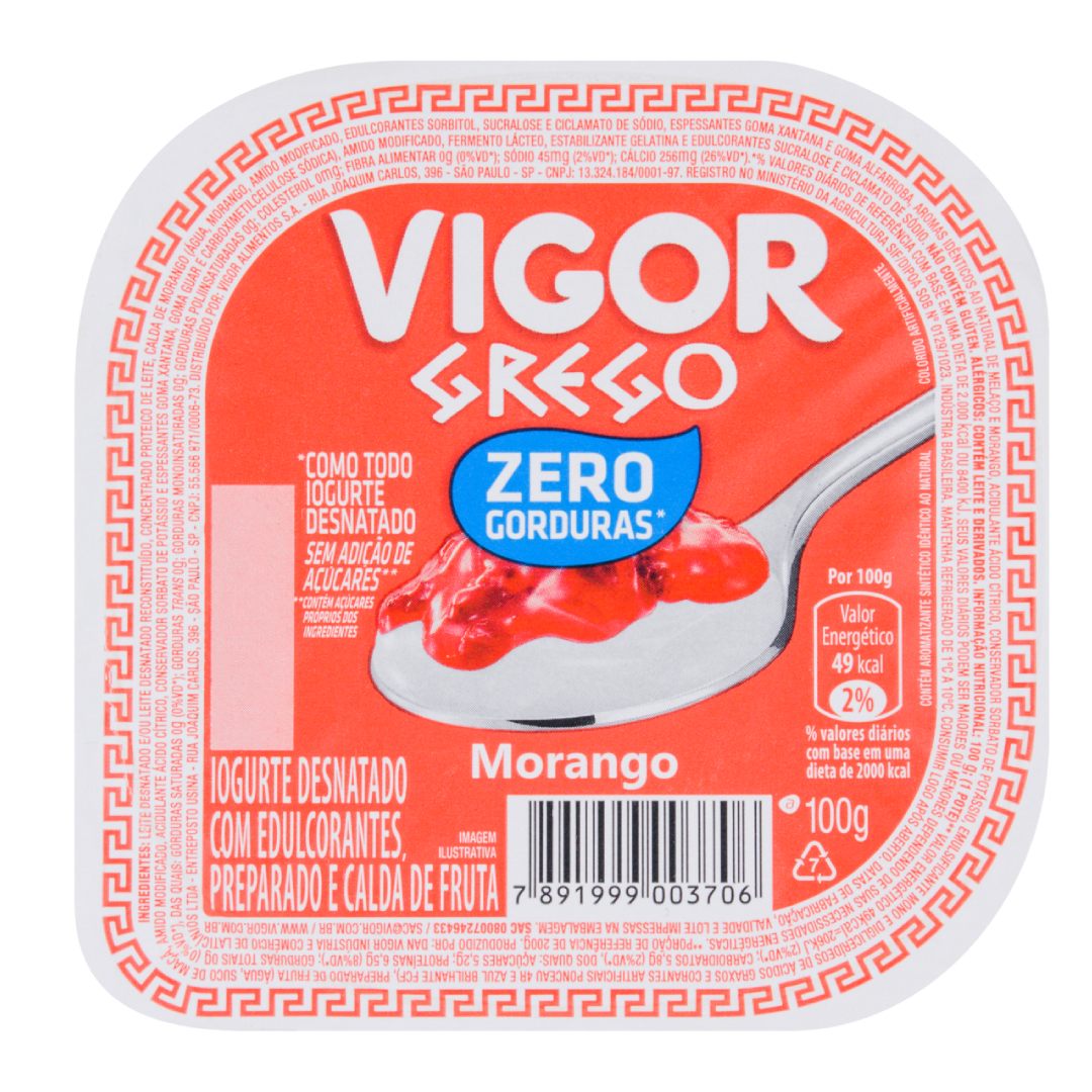 Iogurte Vigor Grego Zero Gorduras Morango 90g