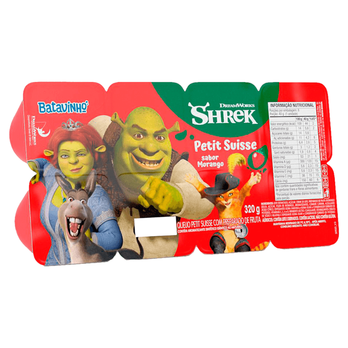 Queijo Petit Suisse Morango Shrek Batavo Batavinho Bandeja 320g com 8 Unidades