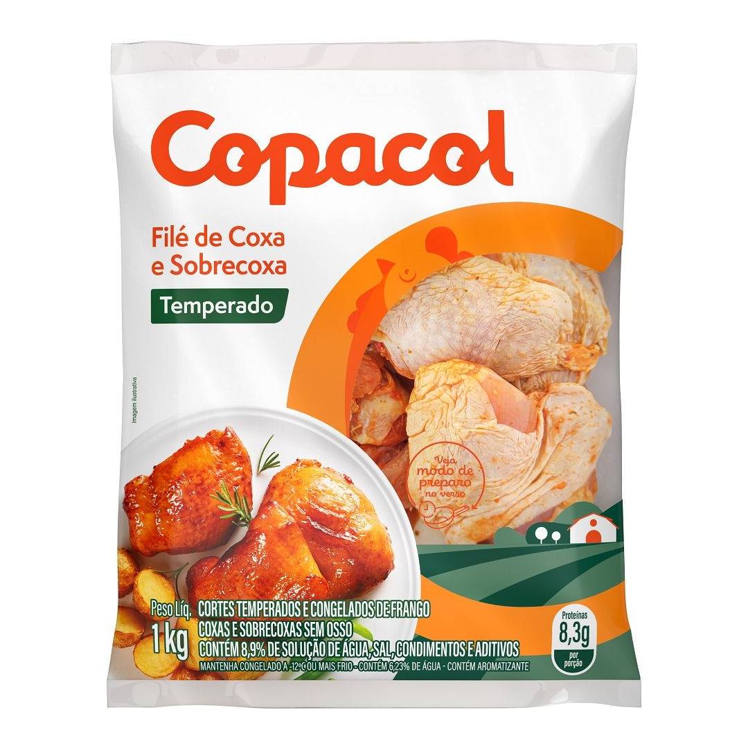 Filé de Coxa e Sobrecoxa de Frango Copacol Temperada Congelada 1kg