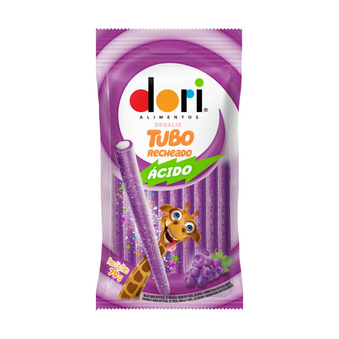 Bala de Goma Dori Regaliz Tubo Uva Ácido 70g